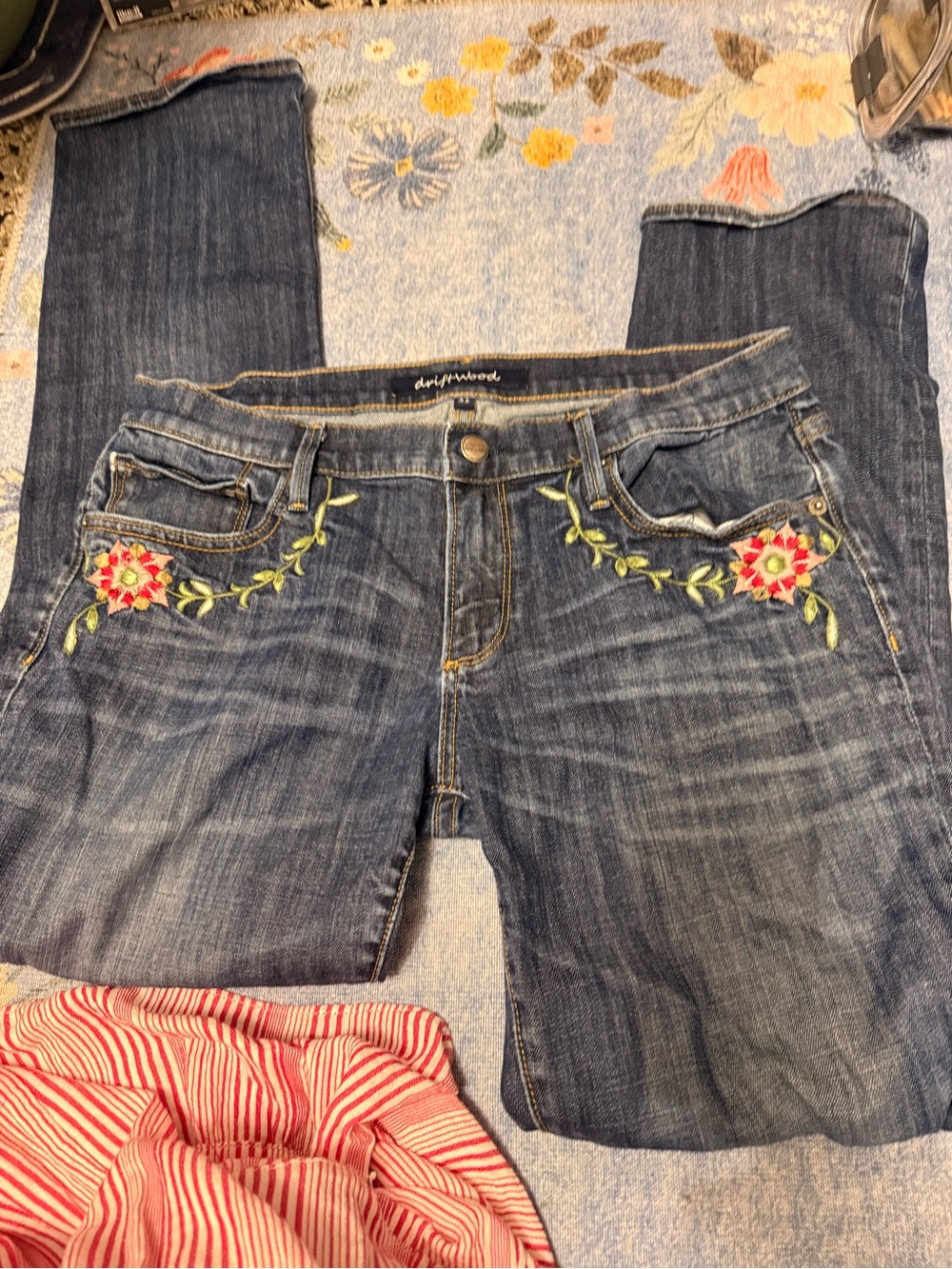 DRIFTWOOD Womens Dark Blue Boot Cut Jeans with Pink Floral Embroidery